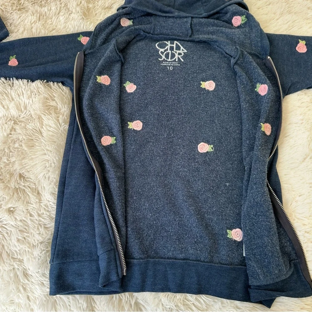 Chaser Allover Floral Rose Buds Girls Blue Pink Zip Up Hoodie Jacket Size: 10
